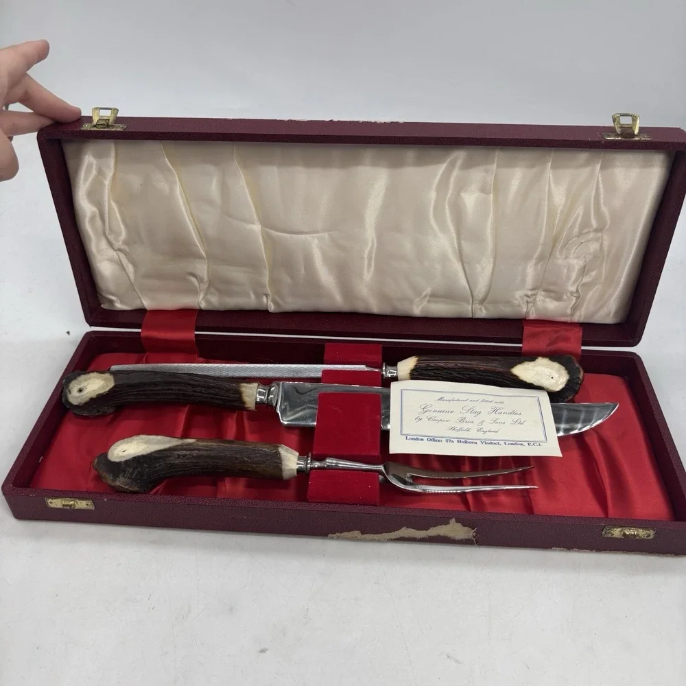 KIRK & MATZ CARVING SET BEAUTIFUL VTG 3PC GENUINE STAG HANDLES+PRESENTATION CASE